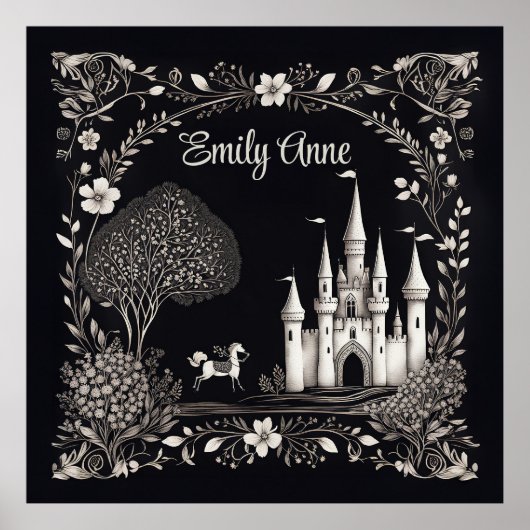 Schwarz-Weiß-Messe Schloss mit Pferd Poster (Vorne)