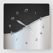 Schwarz-Weiß-Metall kontrastiert schlichtes Silber Quadratische Wanduhr (Vorderseite)