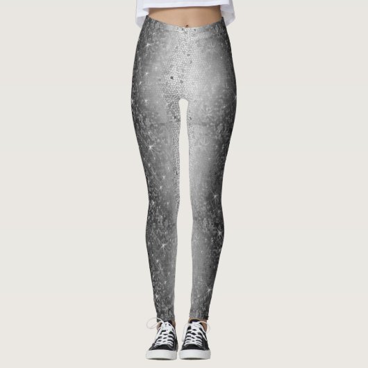 Schwarz-Weiß-Metallischer Glitzer Sparkle Leggings (Vorderseite)