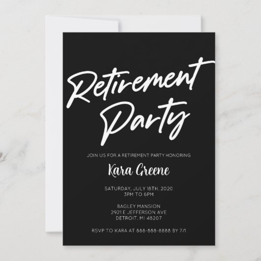 Schwarz-Weiß-Mindestruhestand-Party Einladung (Vorderseite)