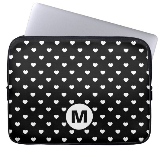 Schwarz-Weiß-Mini-Herzen-Muster-Monogramm Laptopschutzhülle (Vorderseite)