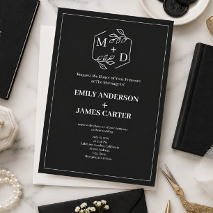 Schwarz-Weiß-Minimal-Botanik-Monogramm-Hochzeit Einladung