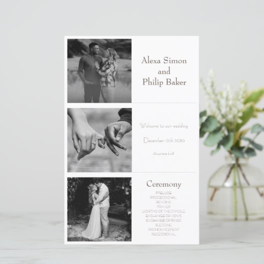 Schwarz-Weiß-Minimal-Foto-Hochzeitsprogramm (Stehend Vorderseite)