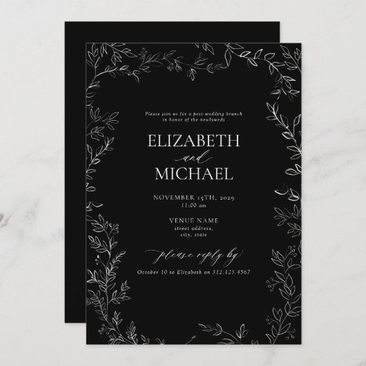 Schwarz-Weiß-Minimal-Leaf-Post-Hochzeitsseminar Einladung (Vorne/Hinten)