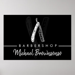 Schwarz Weiß Minimal Logo Branding Rasierer Friseu Poster