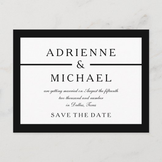 Schwarz-Weiß-Minimal Save the Date Ankündigungspostkarte (Vorderseite)