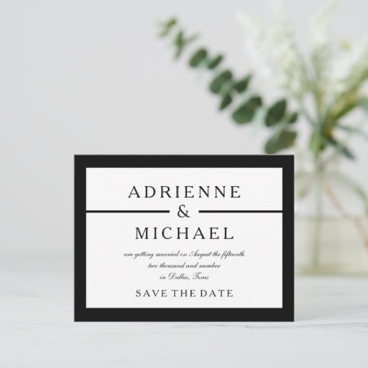 Schwarz-Weiß-Minimal Save the Date Ankündigungspostkarte (Stehend Vorderseite)