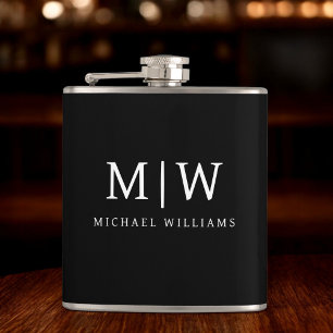 Schwarz-Weiß-Minimalistisch-Modern-Monogramm Flachmann