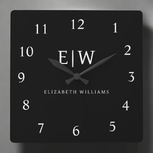 Schwarz-Weiß-Minimalistisch-Modern-Monogramm Quadratische Wanduhr