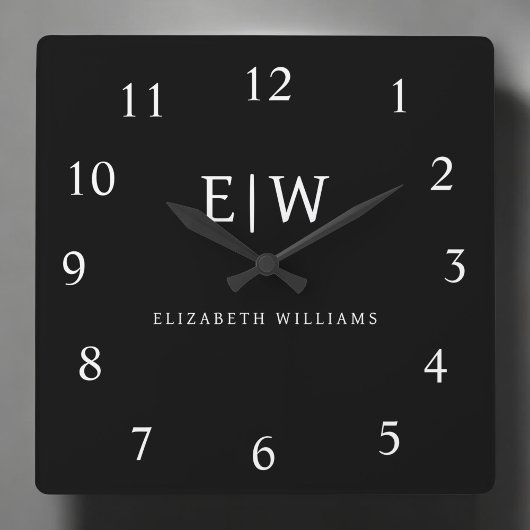 Schwarz-Weiß-Minimalistisch-Modern-Monogramm Quadratische Wanduhr