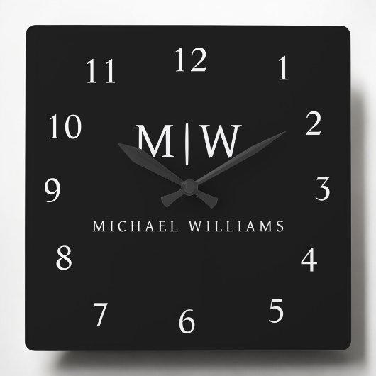 Schwarz-Weiß-Minimalistisch-Modern-Monogramm Quadratische Wanduhr