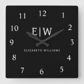 Schwarz-Weiß-Minimalistisch-Modern-Monogramm Quadratische Wanduhr (Vorderseite)