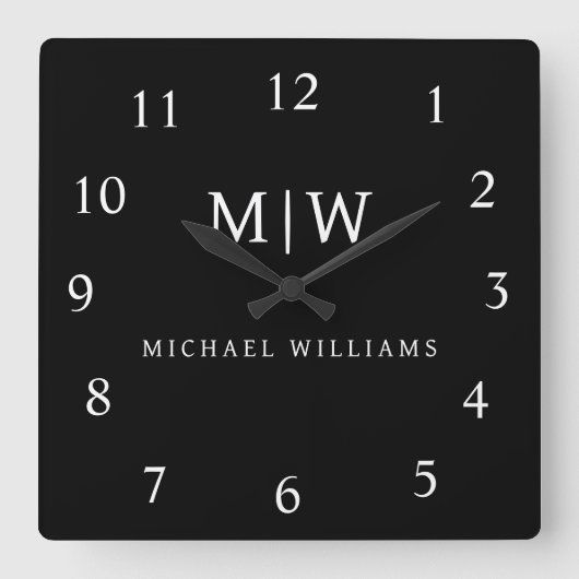 Schwarz-Weiß-Minimalistisch-Modern-Monogramm Quadratische Wanduhr (Vorderseite)