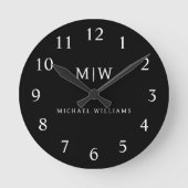 Schwarz-Weiß-Minimalistisch-Modern-Monogramm Runde Wanduhr (Vorderseite)