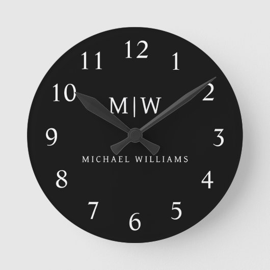 Schwarz-Weiß-Minimalistisch-Modern-Monogramm Runde Wanduhr (Vorderseite)