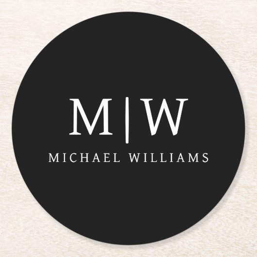 Schwarz-Weiß-Minimalistisch-Modern-Monogramm Runder Pappuntersetzer (Vorderseite)