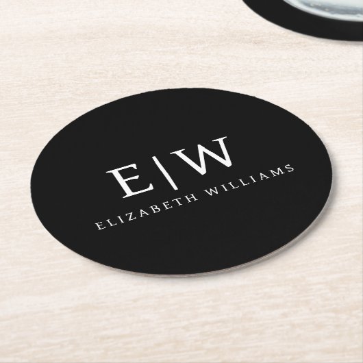 Schwarz-Weiß-Minimalistisch-Modern-Monogramm Runder Pappuntersetzer (Angewinkelt)