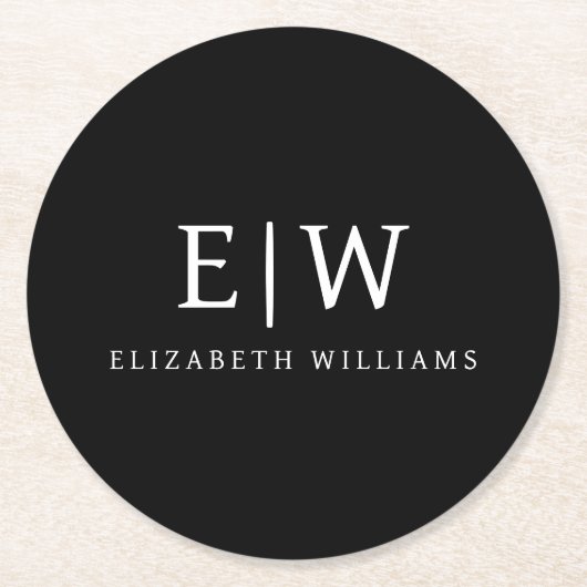 Schwarz-Weiß-Minimalistisch-Modern-Monogramm Runder Pappuntersetzer (Vorderseite)