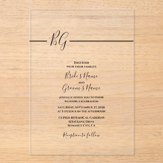 Schwarz-Weiß-Minimalistisch-Monogramm-Hochzeit Acryleinladungen (Vorderseite)
