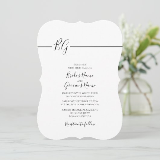 Schwarz-Weiß-Minimalistisch-Monogramm-Hochzeit Einladung (Stehend Vorderseite)