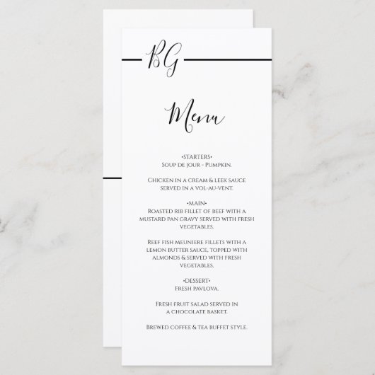 Schwarz-Weiß-Minimalistisch-Monogramm-Hochzeit Menükarte (Vorne/Hinten)