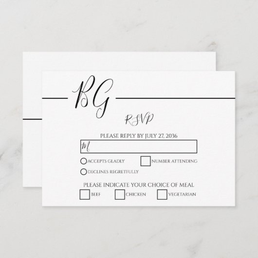 Schwarz-Weiß-Minimalistisch-Monogramm-Hochzeit RSVP Karte (Vorne/Hinten)