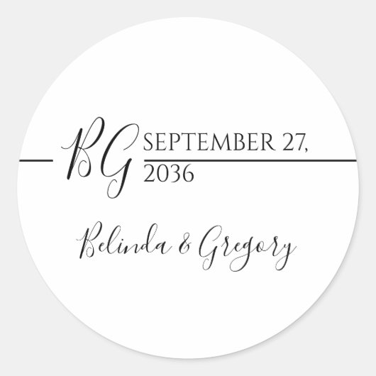 Schwarz-Weiß-Minimalistisch-Monogramm-Hochzeit Runder Aufkleber (Vorderseite)