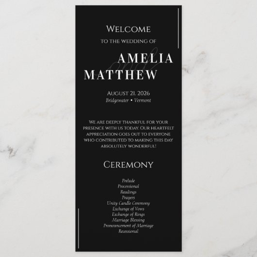 Schwarz-Weiß-Minimalistische Hochzeit Programm (Vorderseite)