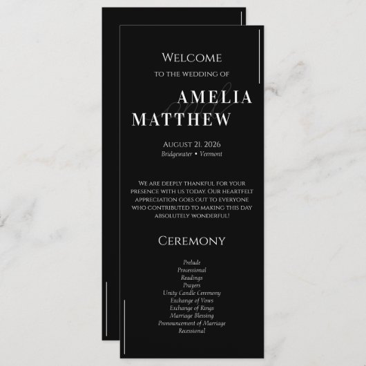 Schwarz-Weiß-Minimalistische Hochzeit Programm (Vorne/Hinten)