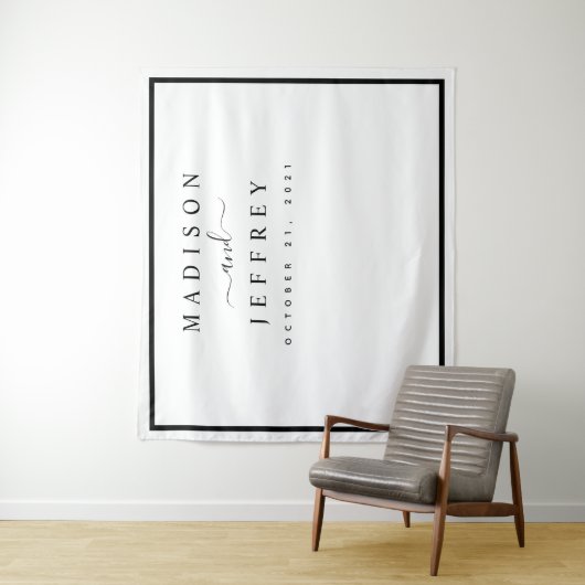 Schwarz-Weiß-Minimalistische Hochzeitsgeschichte Wandteppich (Beispiel)