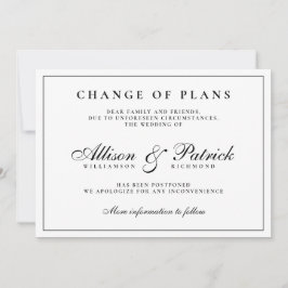 Schwarz-Weiß-Minimalistische Postpone-Hochzeit Ankündigung