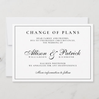 Schwarz-Weiß-Minimalistische Postpone-Hochzeit Ankündigung