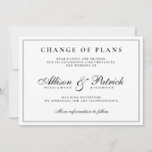 Schwarz-Weiß-Minimalistische Postpone-Hochzeit Ankündigung (Vorderseite)