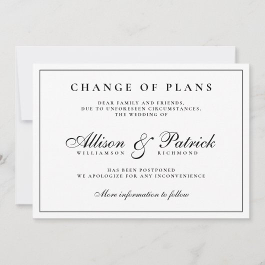 Schwarz-Weiß-Minimalistische Postpone-Hochzeit Ankündigung (Vorderseite)