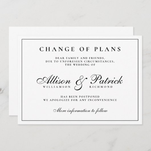 Schwarz-Weiß-Minimalistische Postpone-Hochzeit Ankündigung (Vorne/Hinten)