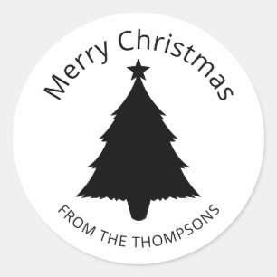 Schwarz-Weiß-Minimalistischer-Christbaum-und-Stern Runder Aufkleber