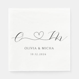 Schwarz-Weiß-Minimalistisches-Herz-Monogramm-Hochz Serviette