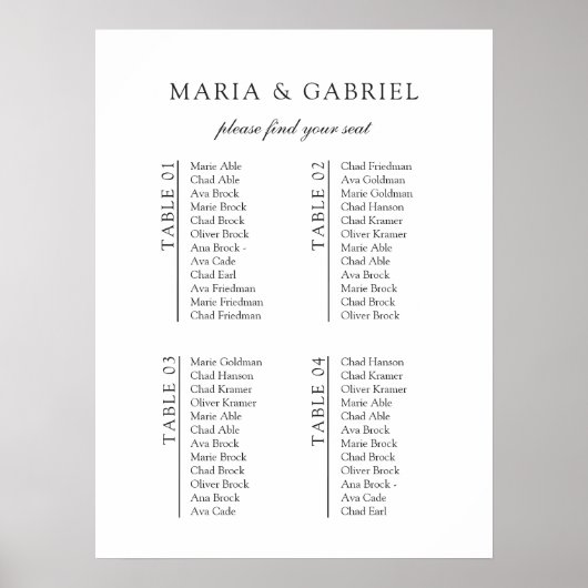 Schwarz-Weiß-Minimalistisches Hochzeitsdiagramm Poster (Vorne)