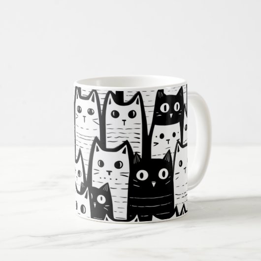 Schwarz-Weiß-Minimalistisches Katzenmuster Kaffeetasse (VorderseiteRechts)