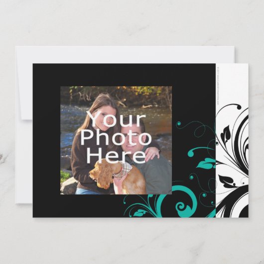 Schwarz-Weiß mit Aquamarinem Rückwärtswirbel Save The Date (Rückseite)