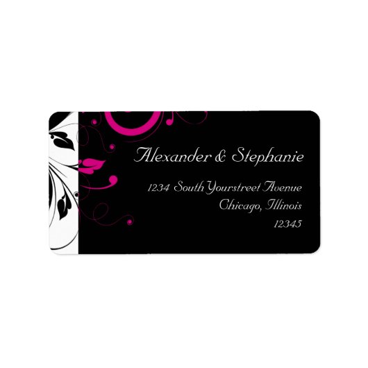 Schwarz +Weiß mit Fuchsia Reverse Swirt Hochzeitsl Adressaufkleber (Vorne)