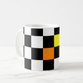 Schwarz, weiß, mit gelb orangefarbener Karton Kaffeetasse (Vorderseite Links)