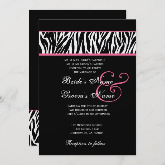 Schwarz-weiß mit Pink Zebra Wedding Metallic Paper Einladung (Vorne/Hinten)