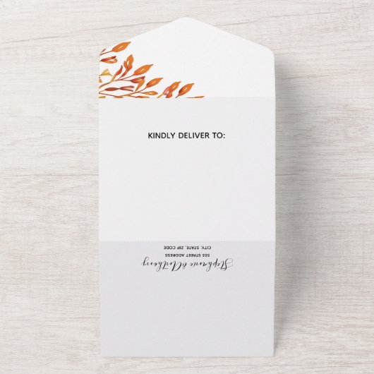 Schwarz-Weiß mit rostfreiem Herbst-Blätter Hochzei All In One Einladung (Außenbereich)