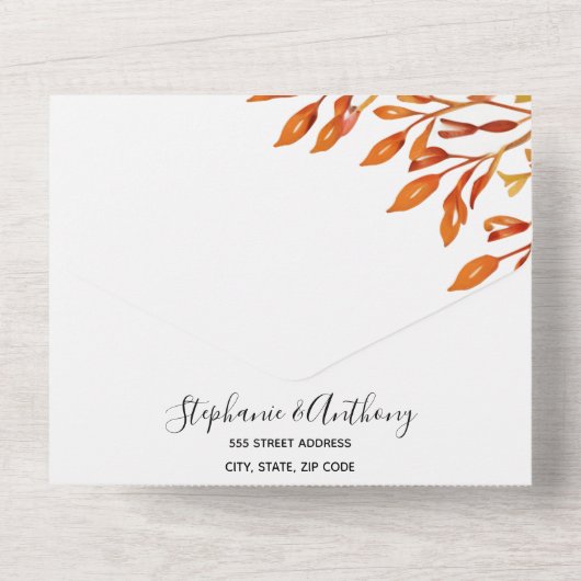 Schwarz-Weiß mit rostfreiem Herbst-Blätter Hochzei All In One Einladung (Rückseite)