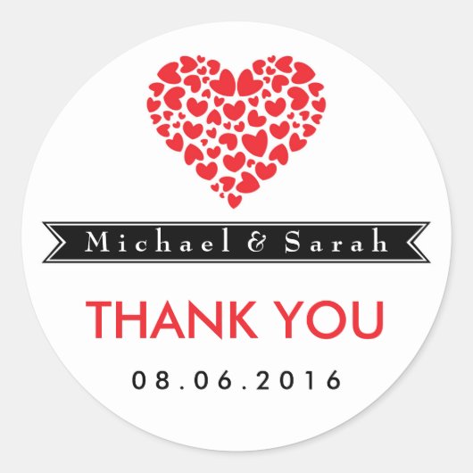 Schwarz-Weiß mit Rot-Herz-Hochzeitsticker Runder Aufkleber (Vorderseite)