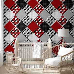 Schwarz-weiß mit rotem Retro-Patchwork Tapete