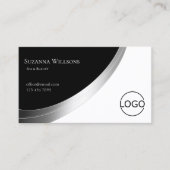 Schwarz-Weiß mit Silber-Dekoration und Logo Modern Visitenkarte (Vorderseite)