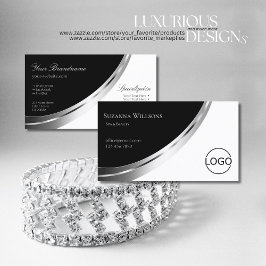 Schwarz-Weiß mit Silber-Dekoration und Logo Modern Visitenkarte