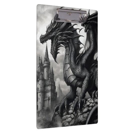 Schwarz-Weiß-Mittelalterliches Gotisches Drachenkl Klemmbrett (Rechts)